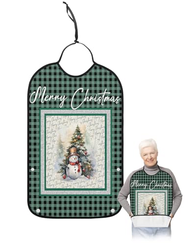LEOKOTI Green Plaid Snowman Christmas Adult Bibs for Eating, Waterproof Bibs with Food Catcher & Adjustable Snap Closure, Xmas Tree Snowflake Washable Clothing Protectors Adult Bibs for Elderly
