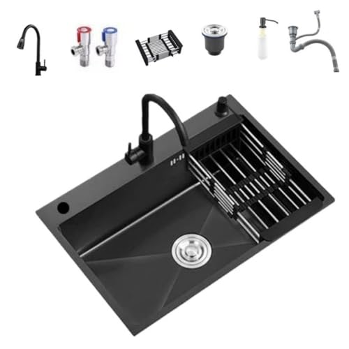 【Yecox】シングルシンク シンク ステンレス製 大容量 水切りカゴ付き 蛇口付き シンクアクセサリー付き 簡易 丈夫で清潔な 省スペース 複数のサイズが利用可能 屋台 日常使用(75*45*20CM,Bセット(丸い蛇口))