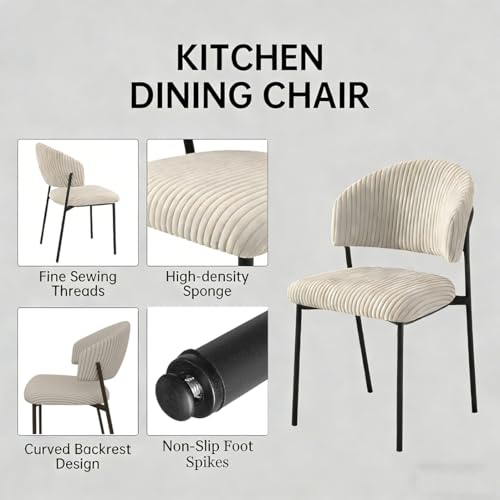 JIEXI Dining Chair Set of 4, Corduroy Upholstered Kitchen Chair with Curved Backrest, Metal Carbon Steel Legs, Non-Slip Foot Pads, 150kg Load Capacity (Grey, 4 Pc) - Image 3