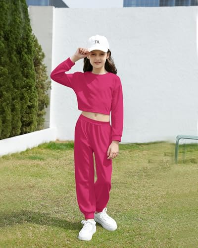 Image of Betusline Girls 2 Piece Outfits Girls Cropped Sweatsuit Pants Outfit Clothes Set, 4T-14 Years