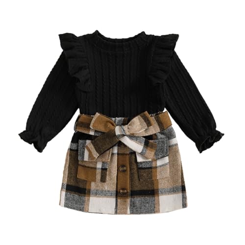 Toddler Girls Fall Outfits 2Pcs Winter Clothes Set Spring Casual Long Sleeve Ruffle Tops and Plaid Skirts Sets