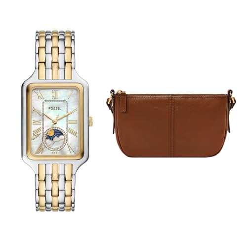 Fossil Mujer Reloj de Acero Inoxidable Bicolor Raquel y Bolsa Jolie Marrón, Set