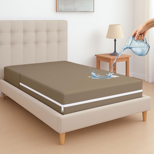 Rajlinen Premium Zippered Mattress Protector, 100% Microfiber, 6-Side Deep Pocket Coverage, Fits Up to 15 Inch Deep, Waterproof, Soft, Noiseless, Breathable Cover, Twin (39x75), Taupe