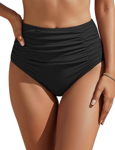 Blooming Jelly Womens High Waisted Bikini Bottoms Tummy Control Swim Bottom Ruched Full Coverage Retro Swimwear(Black Medium)