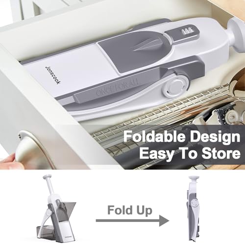 Safe Mandoline Slicer for Kitchen, Adjustable Thickness 0.1-8 mm, 5 in 1 Multi Vegetable Chopper, Potato Slicer, Food Chopper French Fry Cutte, with Paring Knife/Cleaning Brush, Mandolin (LightGrey)