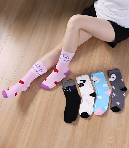 Image of SDBING Womens Cat Socks Cute Gifts Animal Soft Breathable Thin Cotton Casual Crew Socks 5 Pairs