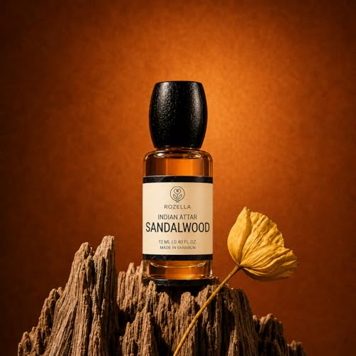 Image of ROZELLA Sandal Wood Authentic Attar for Men and Women | Creamy Woody Aroma Perfume Oil | Traditional Fragrance Blend | Non Alcoholic Long Lasting Fragrance Attar | 3 ml
