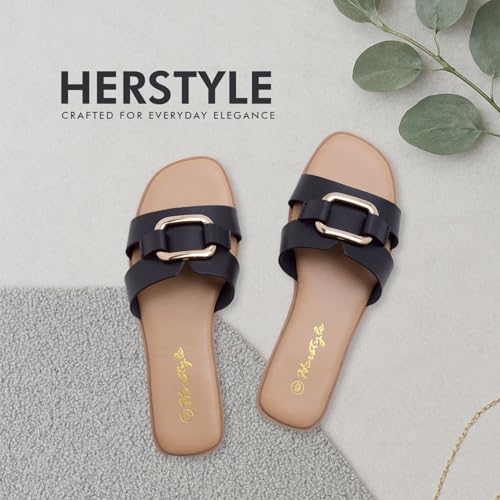 Herstyle Women’s Flat Sandals 2025 – Square Open Toe Fashion Casual Slides with Metal Chain, Memory Foam Footbed Insole, Slip-On Dressy Sandals for Summer4