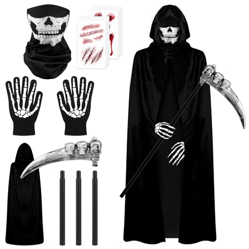 SULOLI Costume da Mietitore di Halloween,Costumi Halloween-Mantello con Cappuccio,Maschera Teschio,Guanti Scheletro,Falce della Morte e Tatuaggi Cicatrici per Cosplay Festa di Halloween