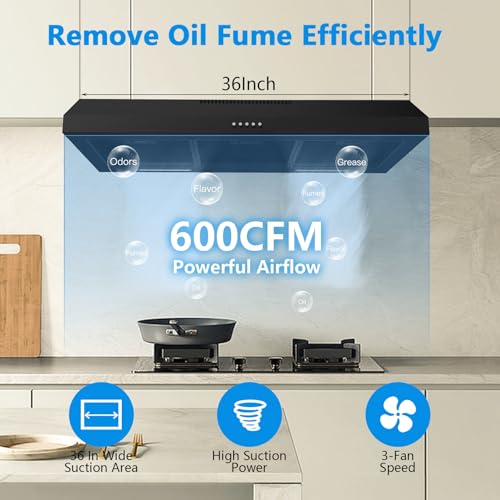Upgraded 600 CFM Range Hood 36 inch, Black Under Cabinet Range Hood for Duct/Ductless Convertible, Stainless Steel Kitchen Stove Vent with 3 Speed Kitchen Exhaust Fan and Two Bright Energy-Saving LED