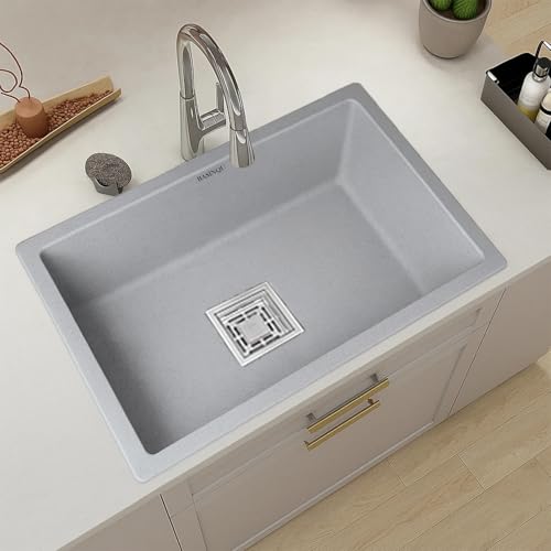 Image of BASINQU Quartz Kitchen Sink 24 x 18 x 9 Inch Granite Kitchen Sink Single Bowl Grey Quartz Sink for Kitchen Basin Sound Dampening Scratch Resistant UV-Protected Noise Reducing sinks