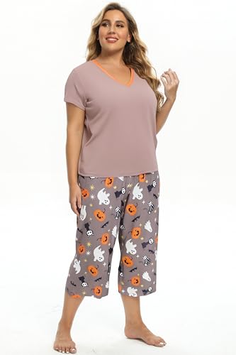 Image of Vozanet Women's Pajamas Set Soft V Neck Sleepwear Top and Capri Pj Lounge Sets Cartoon Heart Shape Cat Nighty Plus Size