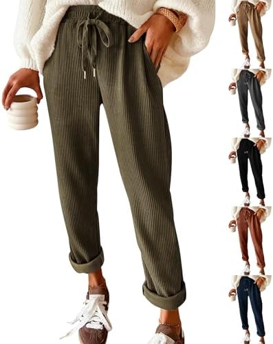 Corduroy Pants for Women Drawstring Elastic High Waisted Lounge Pants Retro Straight Leg Trousers with Pockets