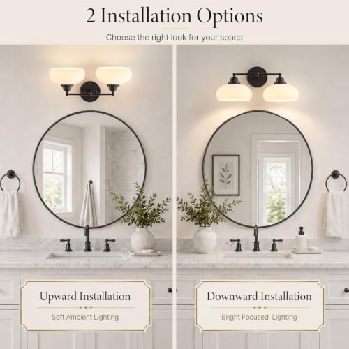 Image of Vintage Milk Glass Wall Sconce,2 Lights Matte Black Bathroom Vanity Light | Mid Century Modern Black Bathroom Sconce over Mirror,Milk White Glass Wall Lights Decor Lamp for Bedroom Living Room Hallway