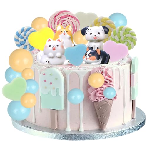 JAHEMU Decorazioni Torta Cane Figure Compleanno Palla Decorazione per Torta Cuore Cake Topper Cani Figurine Decorazioni Festa di Compleanno Dog Baby Shower 49 Pezzi