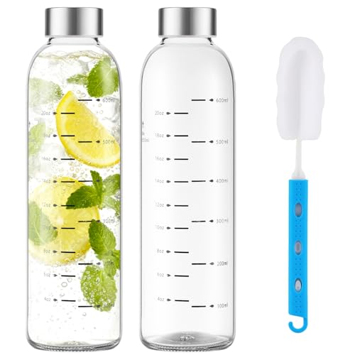 Glass Juice Bottles with Lids 25 oz Reusable Glass Water Bottles with Stainless Steel Caps 2 Pack, BPA Free,Leak Proof,Dishwasher Safe,for Refrigerator, Juicing, Iced Coffee, Cold Brew