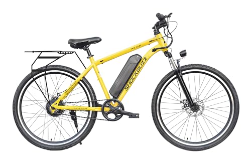Image of Neelam Shockbuzz NI 1.0 Electric Bicycle 27.5 inch with Rear Carrier | 36V 250W Motor | 7.8Ah Outer Battery | Dual Disc Brakes | Front Suspension | Memory Foam Saddle | Colour: Yellow