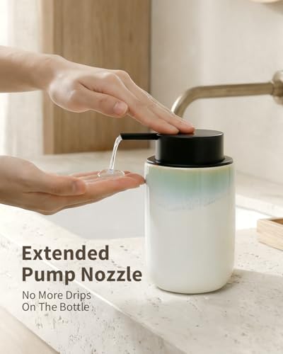 Image of BosilunLife Hand Soap Dispenser - Foam Soap Dispenser Bathroom Ceramic Dish Liquid Soap Dispenser for Kitchen, Bathroom Countertop Soap Dispensers (White with Blue-Green Rim Liquid Pump)