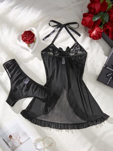 Image of Foxiny Sexy Halter Open Front Ruffle Sheer Mesh Lace Babydoll Lingerie Dress with Thong 2 Piece