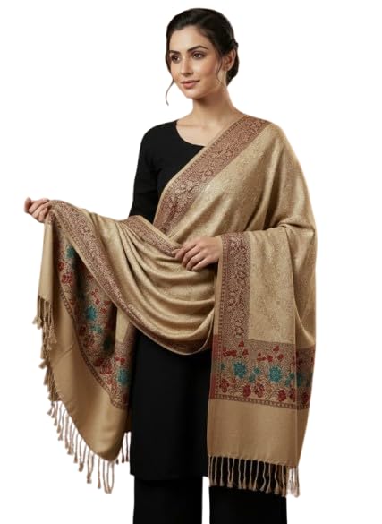 couture home Maroon Embroidered Floral Shawl, Woollen Wrap with Fringe Border, Women's Traditional Style-picture-33