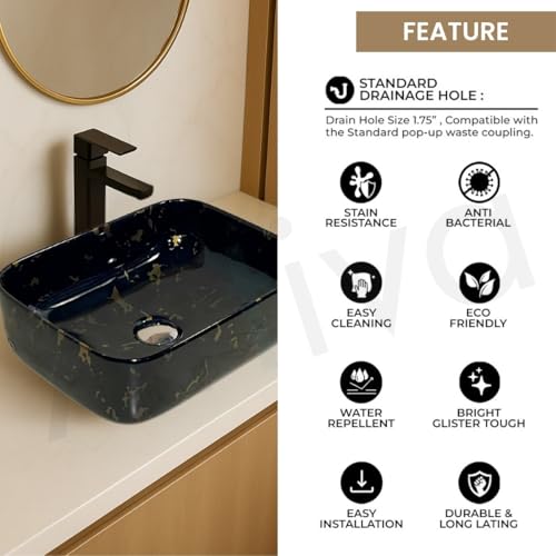 Image of Artiva Ceramic Wash Basin /Tabletop Washbasin For Bathroom,12 inchx16 inch /Small Countetop Bathroom Basin /Table Top Basin For Home,Office,Hotel /Rectangle Glossy Sink (Phoenix-Gold,12x16 Inch)