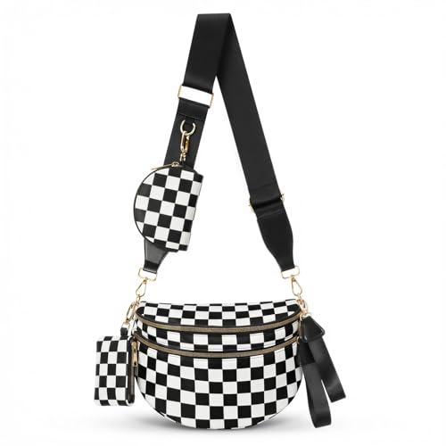Cross Body Bag for Women Checkered Crossbody Bags Bum Bags for Women Fanny Packs for Girls Small Nylon Checkered Purse Trendy Shoulder Bag (RS-YB-Checkered Black White One Size)