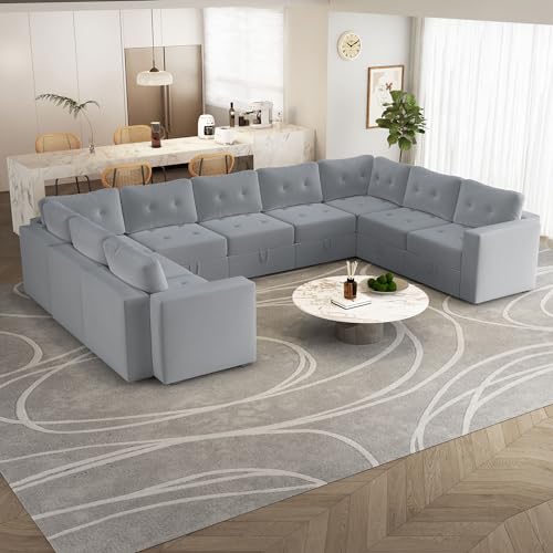 Image of QHITTY Large Sectional Modular Sofa, 9 Seater Accent Couch with Hidden Extra Large Storage Space for Living Room, Grey