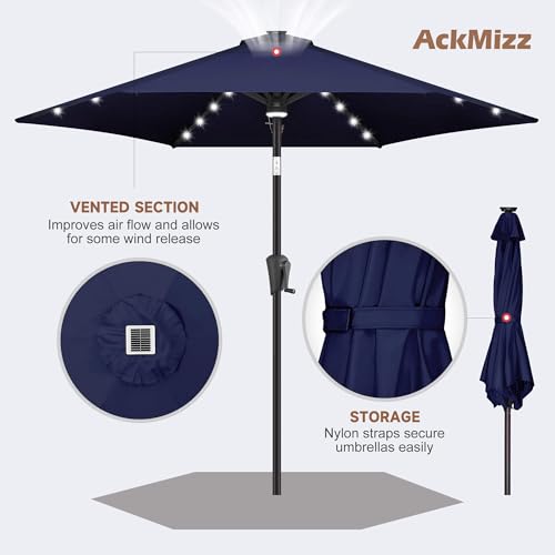 Image of 10ft Solar Patio Umbrella - Outdoor Umbrella with Centre Surround Light 24 LED Lights, Market Table Umbrella with Tilt for Pool, Porch, Garden, Deck, Backyard UV Protection (Navy Blue)