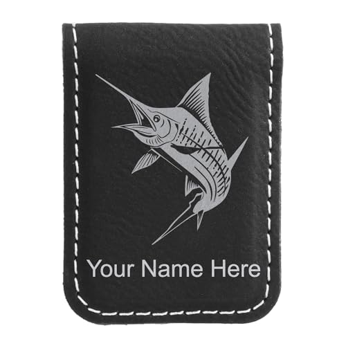 LaserGram Slim Magnetic Money Clip, Marlin Fish, Personalized Engraving Included (Black with Silver)