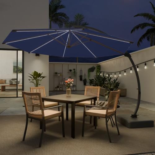 Kingdura 11ft Offset Cantilever Patio Umbrella with Solar Lights, Large Round Outdoor Umbrella with Base Included, Aluminum Frame, 360° Rotation & Infinite Tilt for Deck Pool Backyard, Dark blue