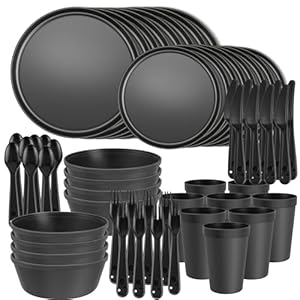 40-Piece Kitchen Plastic Dinnerware Set，Modern Dish Set for Apartment Essentials, Travel, Camping& RV, Picnic & Home Party, Reusable Plates Kids Plates and Bowls with Cutlery Set, Black