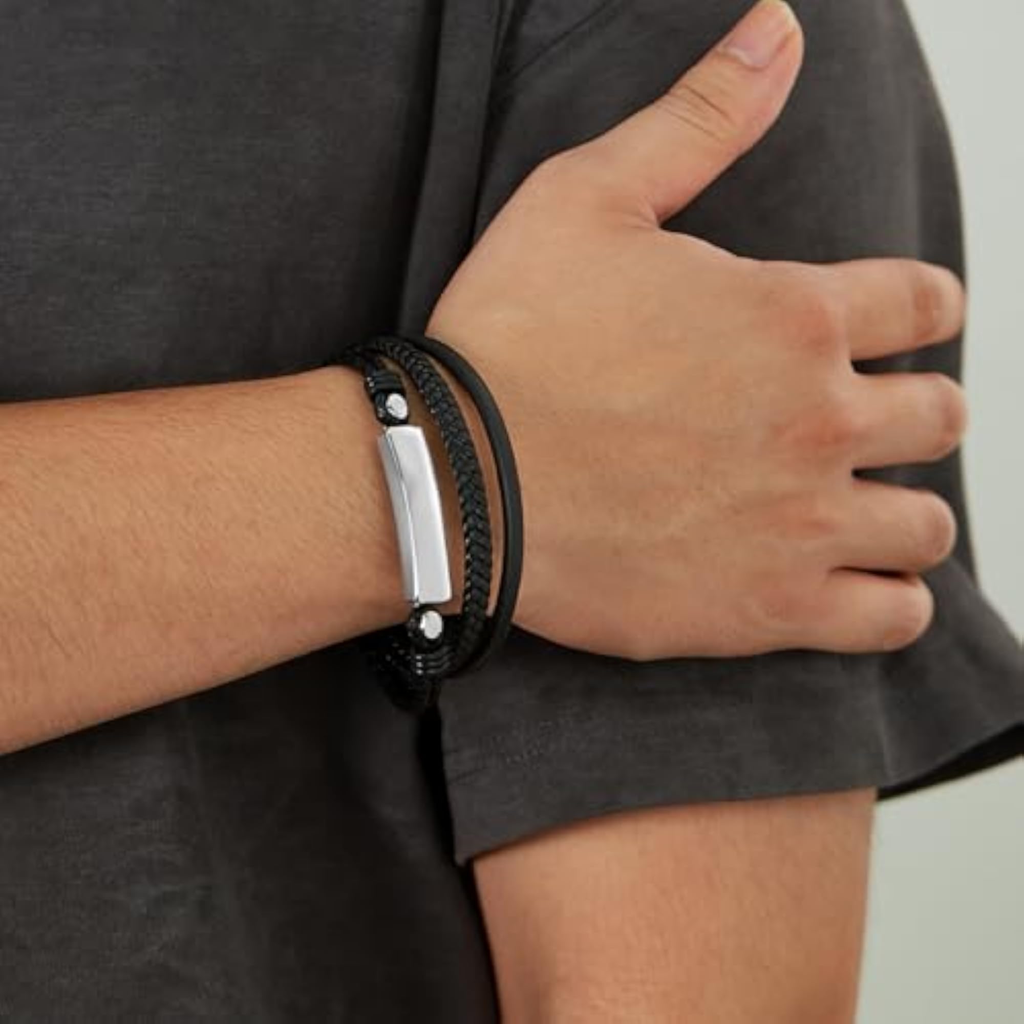 Men's Black Leather Stainless Steel Openable Bracelet, Stylish Gift