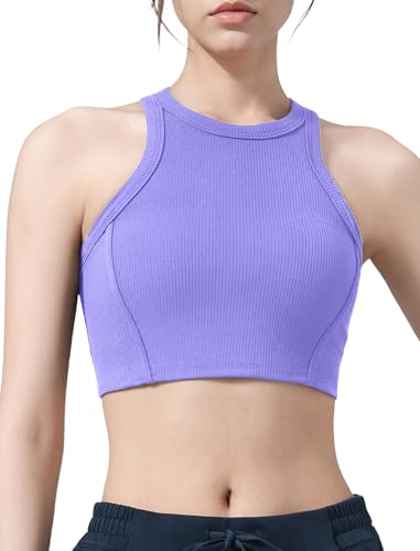 Yvette Sports Bras for Women Ribbed High Neck Racerback Tops
