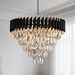 AKMNBDH Modern 5-Tier Round Black and Gold Crystal Chandelier Large Pendant Light Ceiling Light Fixture for Living Room Dining Room Bedroom W60cm 12-Light E14 Base