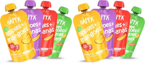 Image of Happa Organic Baby Food Puree Travel Combo | 100% Fruits and Vegetables | No Added Sugar, No Milk Powder, No Preservatives | Stage 2 (6 Months+) | Ready to Eat | Free from Common Allergens | Pack of 8 (100g Each)