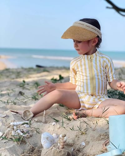 Girls One Piece Swimsuit Zipper Long Sleeve Rash Guard Green Striped Sunsuit Seersucker Bathing Suit with Ruffle Butt3