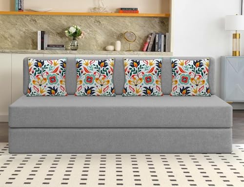 Image of Los Angeles Foldable Four Seater Sofa Cum Bed, Sofa Bed 6 X 6 Feet Jute Fabric Washable Cover Including 4 Cushion Perfect for Living Room & Office, Guest Room - Grey Color