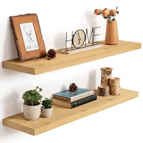 Image of Marsmiles 36 Inch Floating Shelves | 9.3 Inch Deep Natural Wood Shelves Set of 2 | 36''W x 9.3''D Rustic Wooden Wall Mounted Shelves for Farmhouse Living Room Bathroom Bedroom