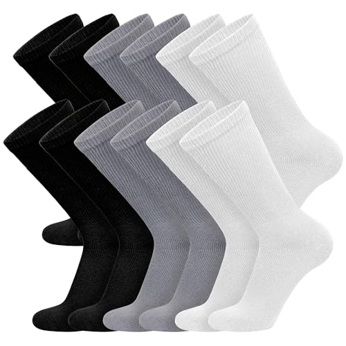 Big and Tall Diabetic Cotton Crew Socks, King Size Mens Athletic Crew Socks (13-16, Black/Gray/White) - 12 pairs