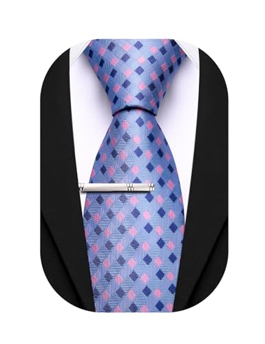 Image of Barry.Wang Plaid Ties Mens Silk Necktie and Tie Clip Checkered Tie for Wedding Party Business Formal