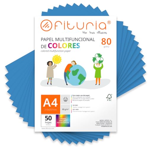 OFITURIA Papier Couleur A4 80g, 50 Feuilles - Loisirs Créatifs, Imprimante, Origami, Scrapbooking, École (Bleu, 50h)