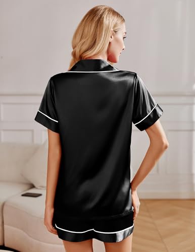Ekouaer 2 Pack Pajama Sets for Women Silk Satin Pj Short Sleeve Button Down Sleepwear Top and Shorts Summer Lounge Set S-XXL3