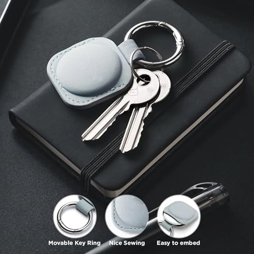 Image of Leather Case Keychain - Protective Holder Compatible with Apple AirTag 1 & 2 for Keys, Pet Collars, Bags & Luggage - Scratch-Resistant, Soft Touch, Secure Ring | Light Blue