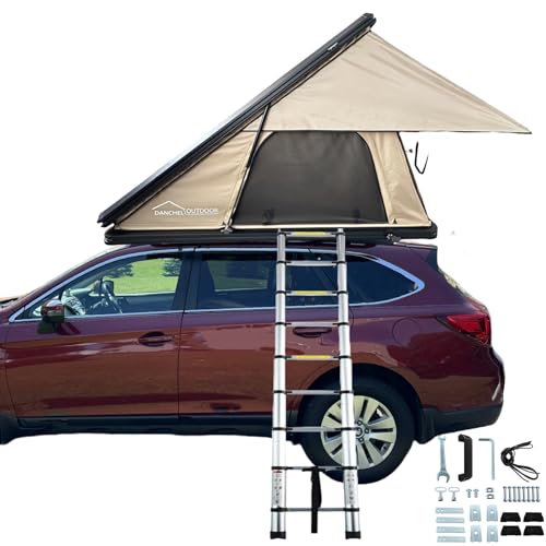 DANCHEL OUTDOOR Rooftop Tent Hardshell, 1-3 Person Waterproof Clamshell Aluminum Roof Top Tent with LED Strip Light for Truck SUV Car Camping Overland Gear