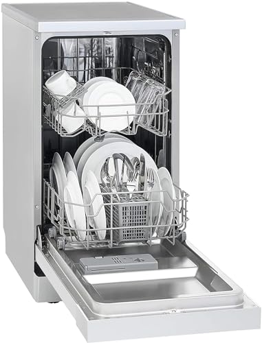 Exquisit® Lavavajillas 45Cm, Clase E, Color Plateado, 9 Servicios, 6 Programas, Cesto Regulable, Funciones Extra Seco y Media Carga, Interior Inox, Consumo 70 kWh/año, Medidas 84,5x44,8x60 Cm.
