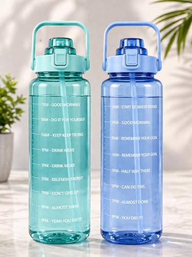 Image of Motivational Water Bottle 2 Litre with Time Marker | Leak Proof BPA Free Gym Bottle | Sports Drinking Bottle with Straw & Handle for Office, Gym, School (green & blue)