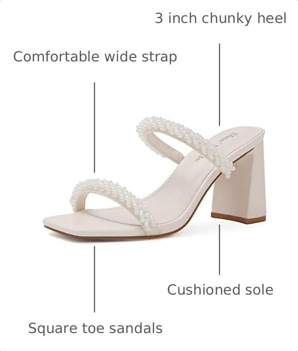 Image of Shoe'N Tale Pearl Strappy Heels for Women Two Band Chunky Block Heeled Sandals Square Open Toe Backless Mules Slip On Pumps Dressy Shoes