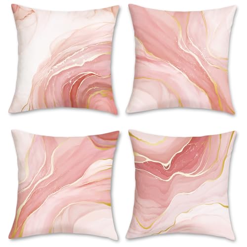Bonhause Pink Marble Cushion Covers 45 x 45 cm Double Sided Pink Gold Modern Abstract Decorative Throw Pillow Covers Soft Velvet Pillowcases for Sofa Patio Home Decor Set of 4