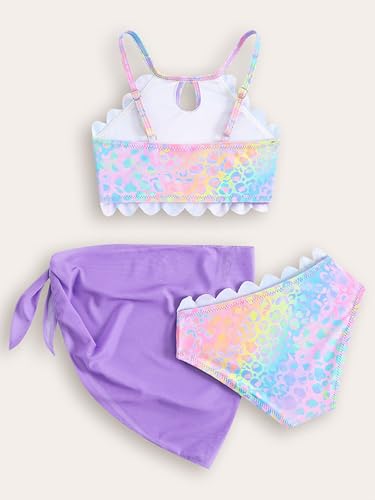 Hansber Kids Girls 3-Piece Printed Beachwear Swim Bikini Chest Pad Top and Briefs with Mesh Skirt Swimsuit3
