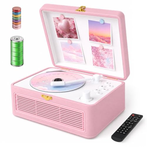 Retro CD Player Portable Bluetooth: Kegaudio CD Players for Home with Speakers 3600mAh Rechargeable & Radio & Remote Control PU Leather Vintage CD-Player Support USB/AUX Headphone Jack (Pink) by Kegaudio - Used condition - US$39.79